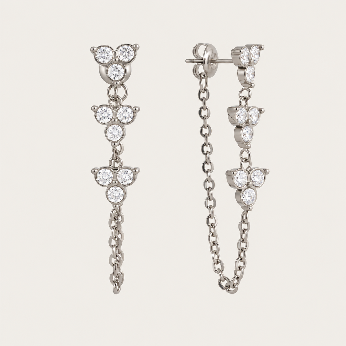 Silver-tone Fiore EARRINGS: drops of three zirconia trefoil clusters with a fine front-to-back chain — Folie à Trois