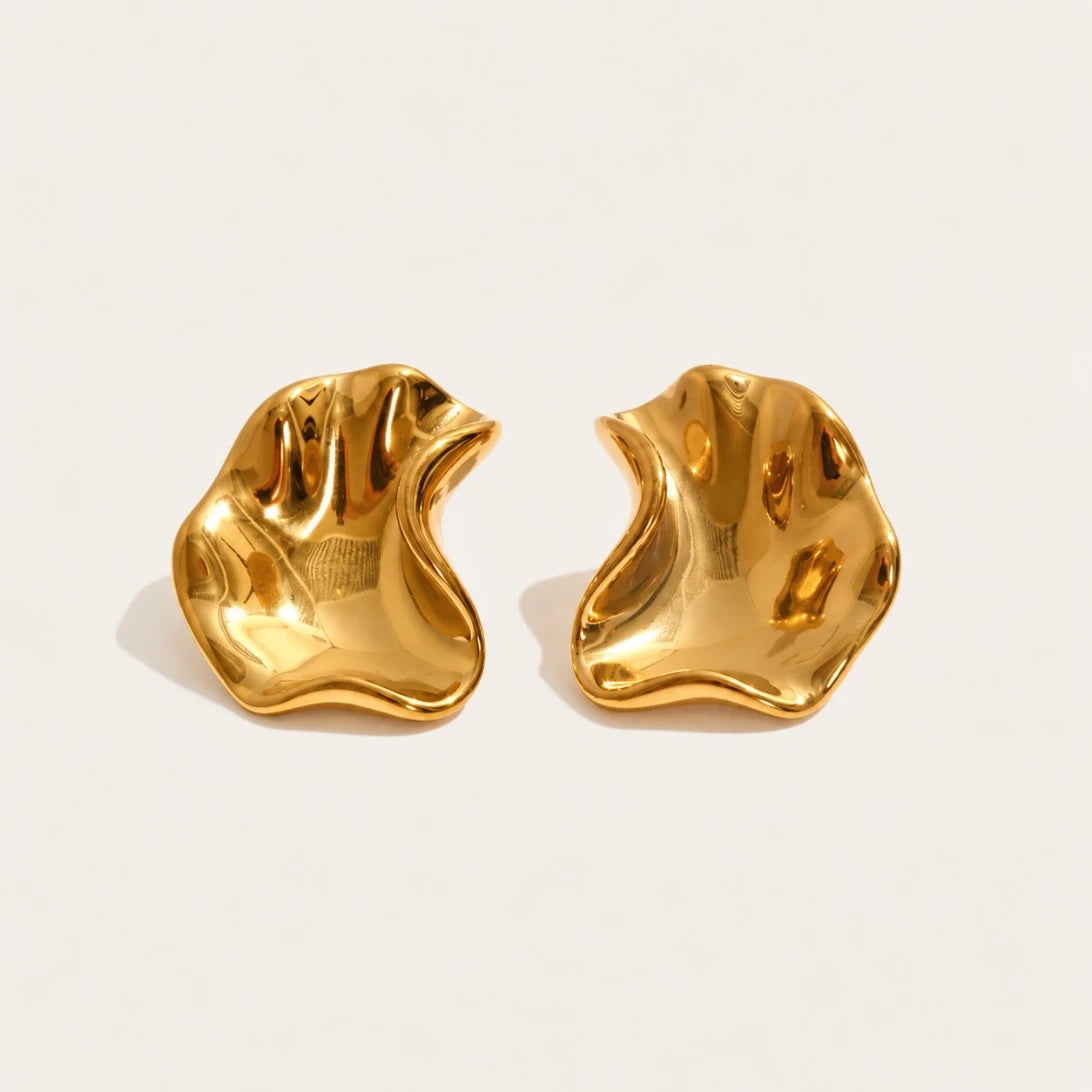 Gold Fondu EARRINGS: a pair of irregular, wavy stud earrings with a high-shine molten-metal finish — Folie à Trois