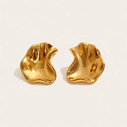 Gold Fondu EARRINGS: a pair of irregular, wavy stud earrings with a high-shine molten-metal finish — Folie à Trois