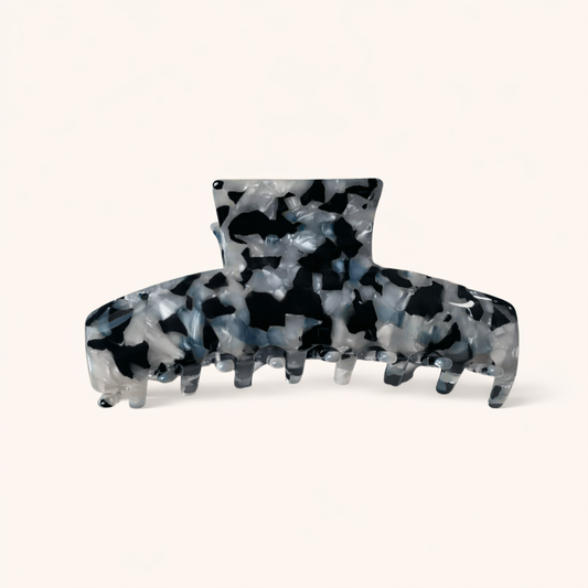 Black, white and grey confetti tortoiseshell rectangular acetate claw clip from the French Girl HAIR CLIP collection.
