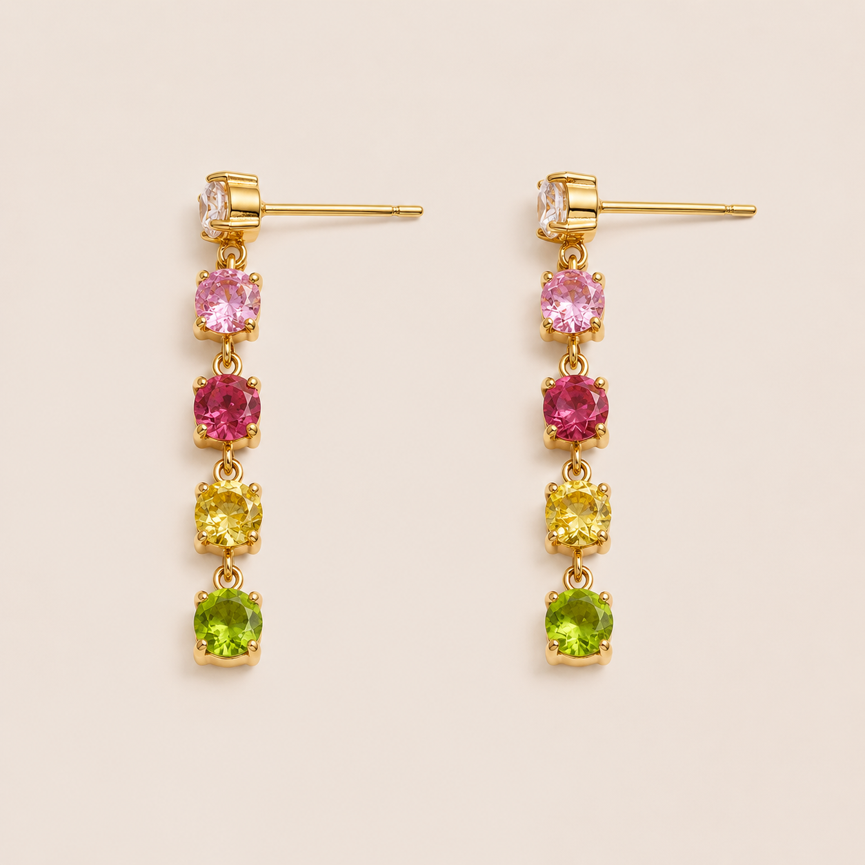 Gold drop earring with four graduated round zirconia stones in pink, ruby, yellow and green — Folie à Trois Fringe EARRINGS.