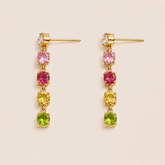Gold drop earring with four graduated round zirconia stones in pink, ruby, yellow and green — Folie à Trois Fringe EARRINGS.