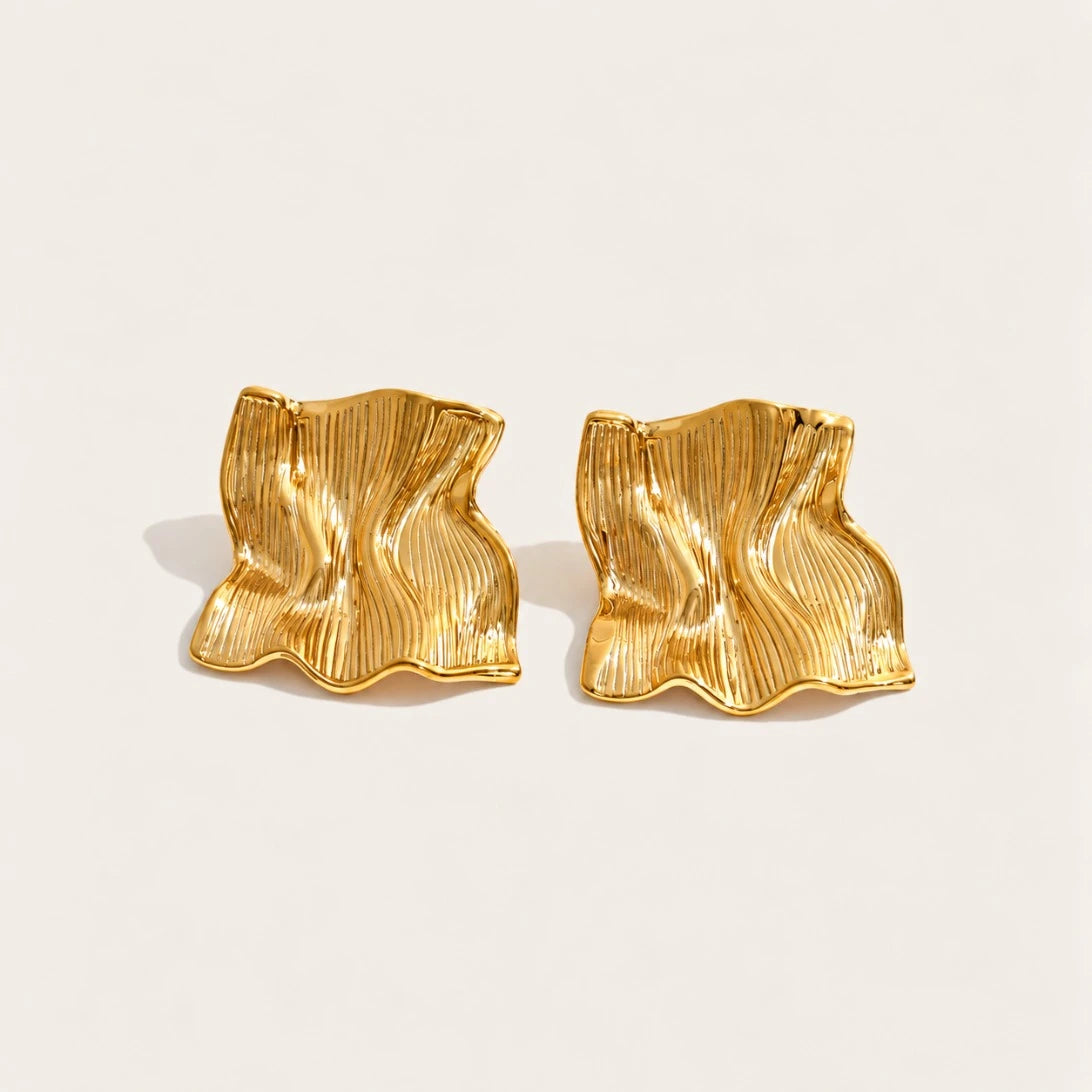 Gold Froissé EARRINGS: a pair of chunky square earrings with a softly crumpled, textured surface — Folie à Trois