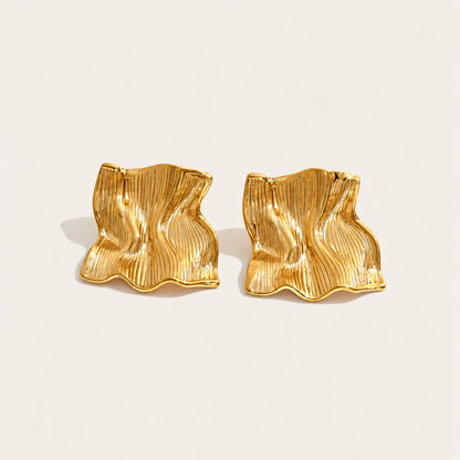 Gold Froissé EARRINGS: a pair of chunky square earrings with a softly crumpled, textured surface — Folie à Trois