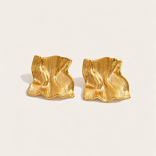 Gold Froissé EARRINGS: a pair of chunky square earrings with a softly crumpled, textured surface — Folie à Trois