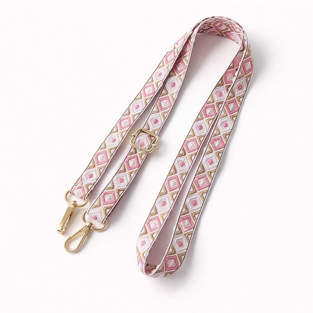 Woven Getaway long phone strap in pink and gold diamond pattern, coiled flat with gold clasps.