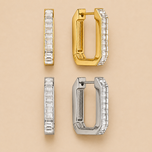 Gold and silver rectangular hinged hoop earrings channel-set with emerald-cut white zirconia stones — Folie à Trois Girasole EARRINGS.