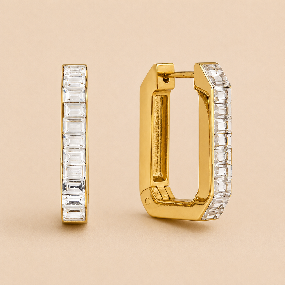 Gold rectangular hinged hoop earring channel-set with emerald-cut zirconia stones, shown side and front — Folie à Trois Girasole EARRINGS.