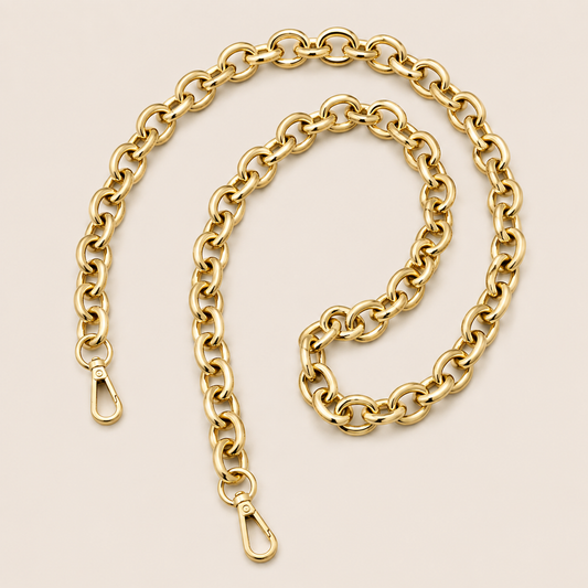 A gold-toned metal chain strap with a lobster clasp on each end, arranged in a loose spiral on a light beige background.