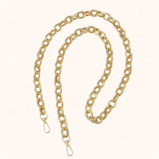 Long gold-tone chunky chain-link Interlaced phone strap coiled loosely with two lobster clasp ends.