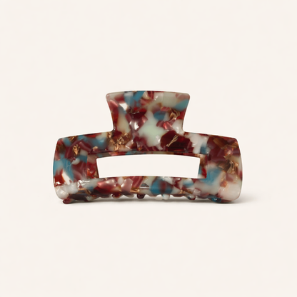 Burgundy, blue and cream confetti tortoiseshell rectangular acetate claw clip from the It Girl Big HAIR CLIP collection.