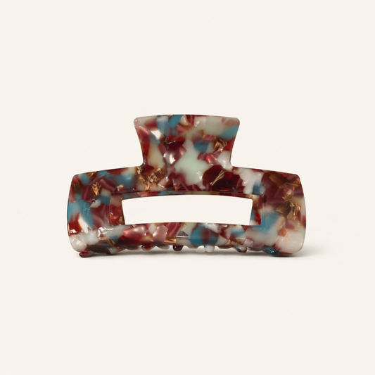 Burgundy, blue and cream confetti tortoiseshell rectangular acetate claw clip from the It Girl Big HAIR CLIP collection.