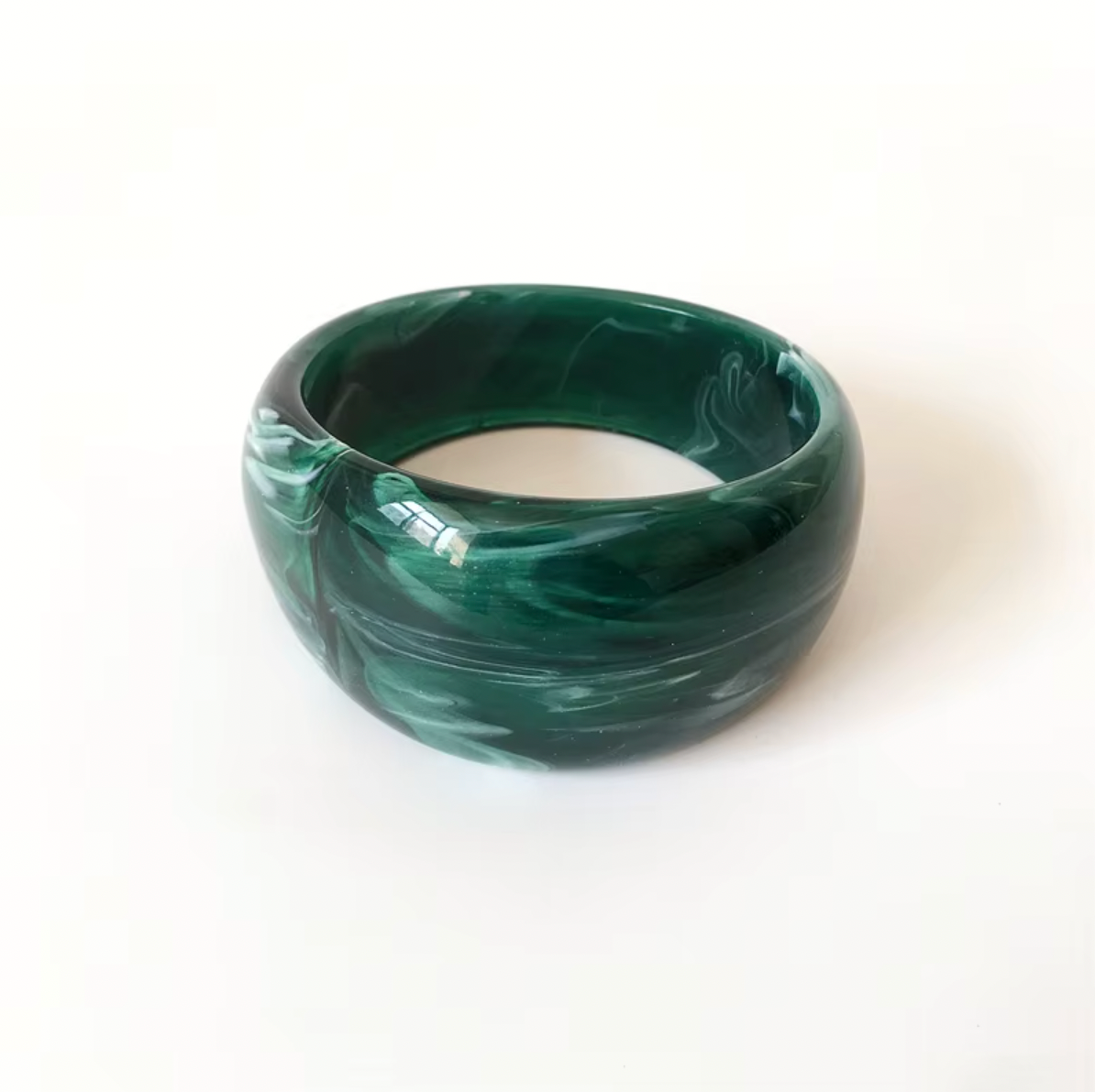 Ivana Acrylic BRACELET chunky bangle in a dark green marbled acrylic, studio close-up on white.