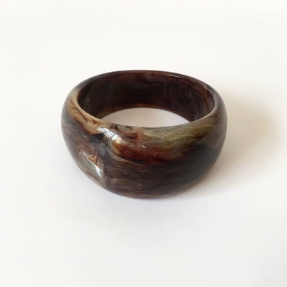 Ivana Acrylic BRACELET chunky bangle in a dark brown and grey marbled acrylic, studio close-up on white.