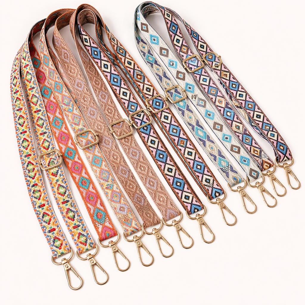 Full range of Jetlag long phone strap colorways laid out side by side, showing the woven diamond patterns.