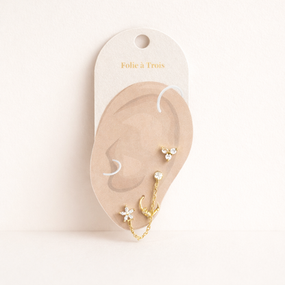 The Juno SET is displayed on a branded card shaped like an ear, showing the gold pieces and chain placement.