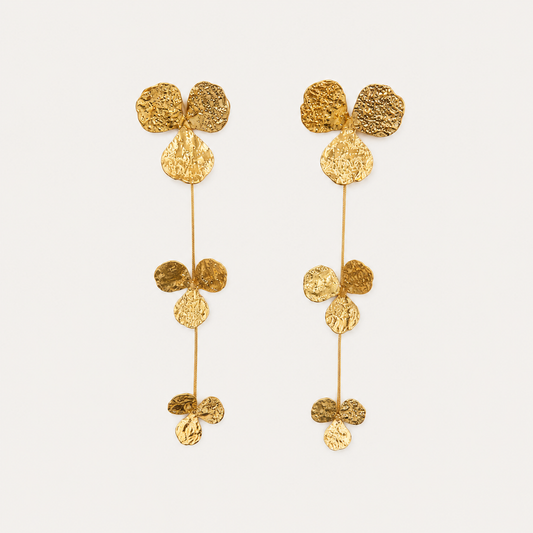 Gold hammered-texture trefoil disc drop earring with three cascading clover-shaped clusters — Folie à Trois Litoral EARRINGS.