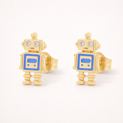 Little Robot Earrings shape a whimsical gold robot with clear stone eyes and a blue enamel screen on its chest.
