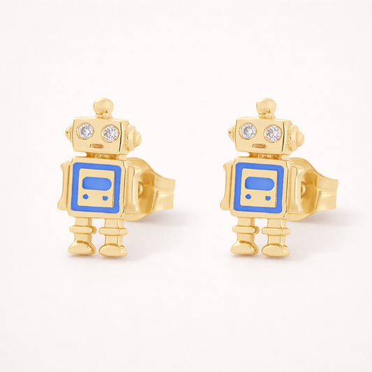 Little Robot Earrings shape a whimsical gold robot with clear stone eyes and a blue enamel screen on its chest.