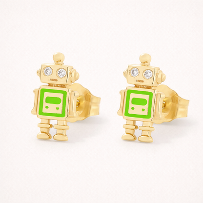 In a bright green colorway, Little Robot Earrings keep their gold robot shape with clear stone eyes intact.