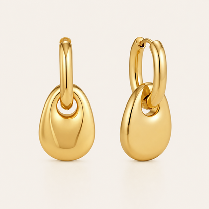 Gold chunky pebble-drop hoop earring with a glossy rounded teardrop dangling from a plain hoop — Folie à Trois Lucent EARRINGS.