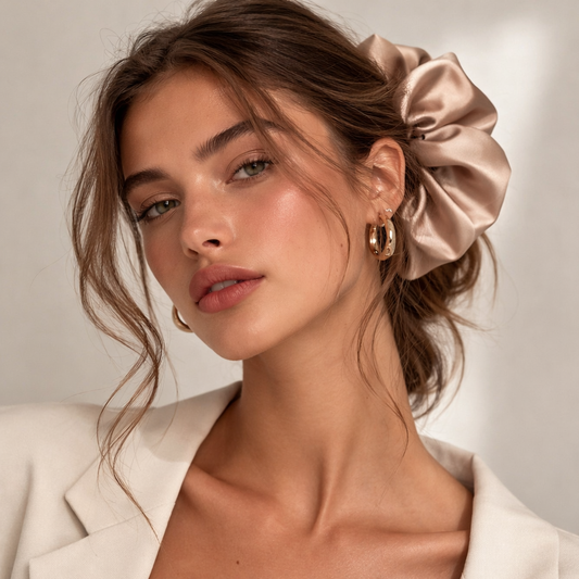 Lucia SCRUNCHIE XL worn in an updo, oversized satin scrunchie in taupe, model in a cream blazer with gold hoops.