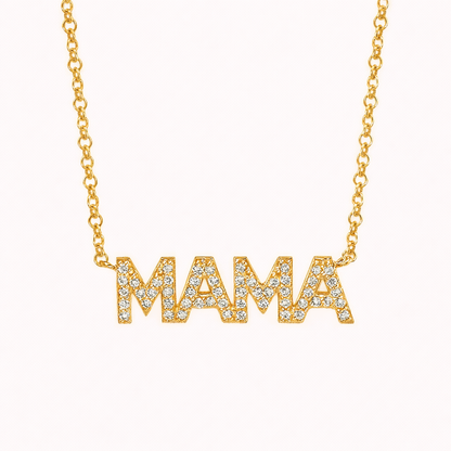 The Mama Zirconia NECKLACE in gold, block letters spelling MAMA fully paved with sparkling stones, on a fine chain.