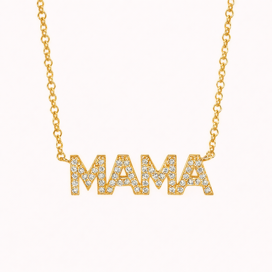 The Mama Zirconia NECKLACE in gold, block letters spelling MAMA fully paved with sparkling stones, on a fine chain.