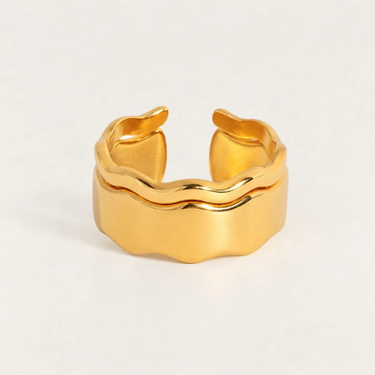 Gold Marée RING: wide, adjustable open band with two wavy, rippled layers — Folie à Trois wholesale jewelry