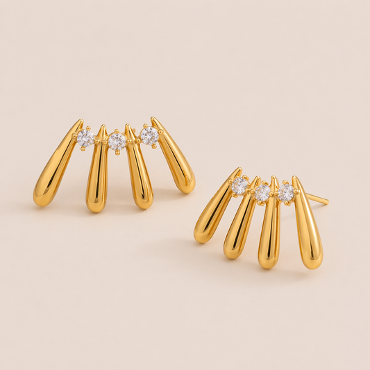 Gold Martina EARRINGS studs with four fanned teardrop bars and three round cubic zirconia stones set between them.