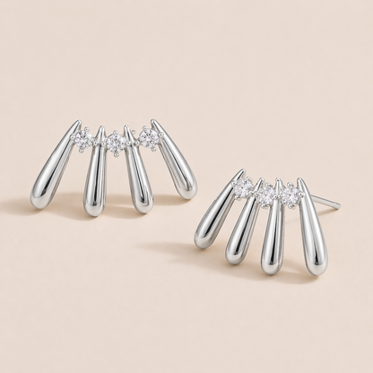 Silver Martina EARRINGS studs with four fanned teardrop bars and three round cubic zirconia stones set between them.