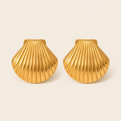 Gold ribbed scallop shell-shaped stud earring with a fanned fluted texture — Folie à Trois Midday Sun EARRINGS.