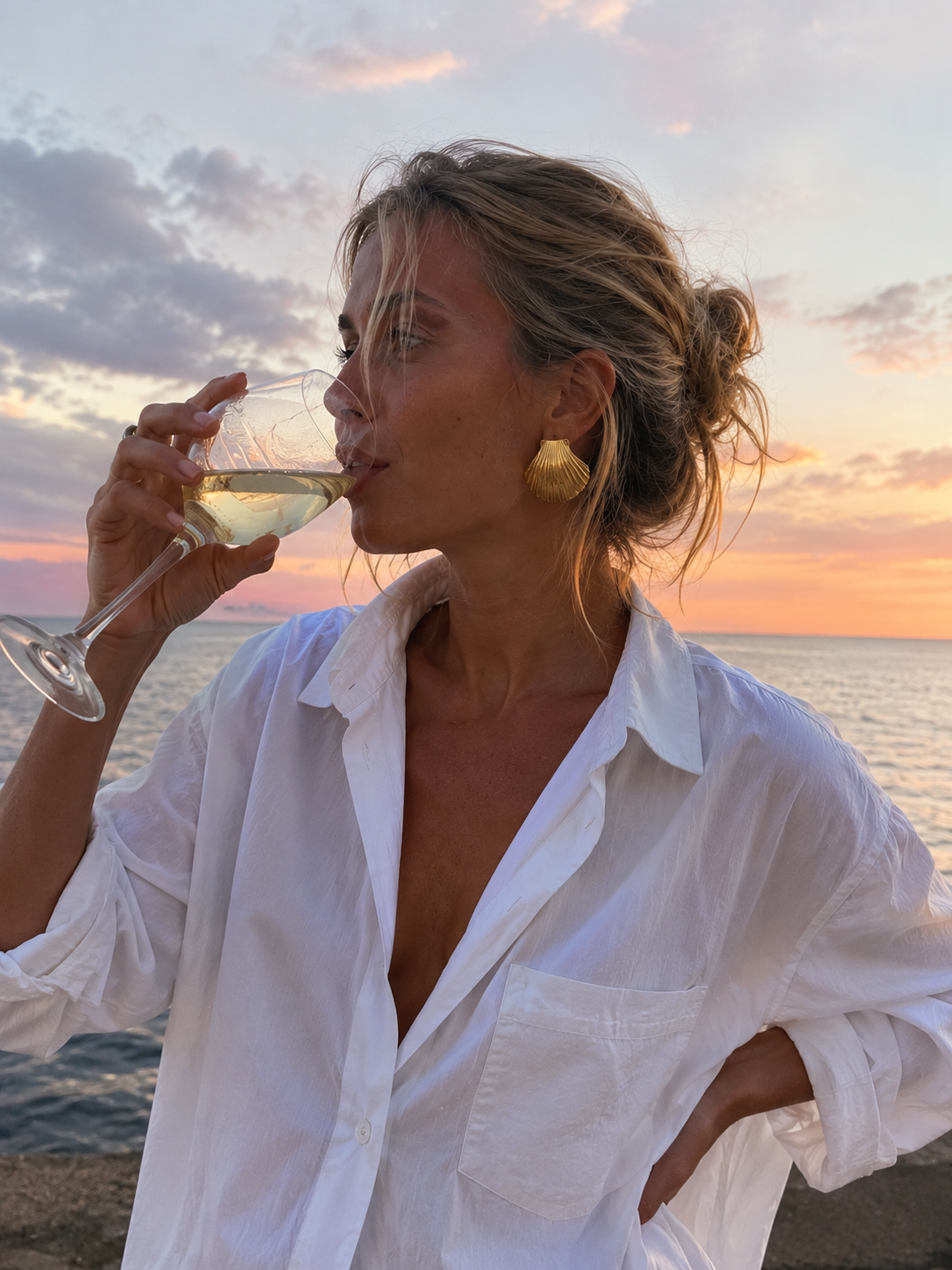 Model wears the Folie à Trois Midday Sun EARRINGS, a gold scallop-shell stud, sipping wine at golden-hour by the sea.