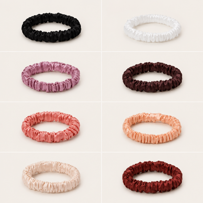 Minnie SCRUNCHIE S full color range shown in a grid: black, white, mauve, dark brown, coral, peach, cream and burgundy.