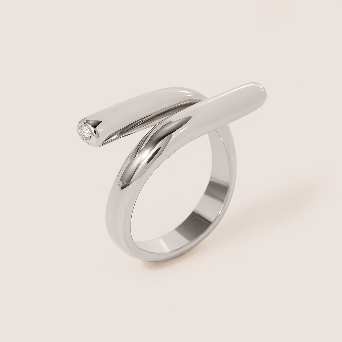 Silver ring with two parallel bars crossing an open band, one tipped with a small white zirconia stone — Folie à Trois Mischa RING.