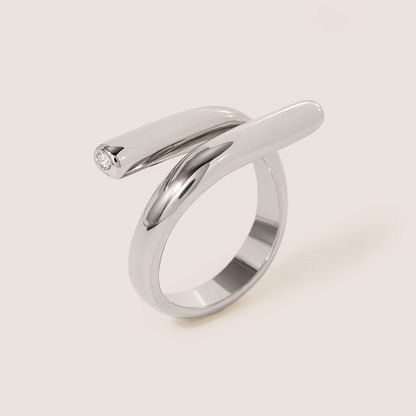 Silver ring with two parallel bars crossing an open band, one tipped with a small white zirconia stone — Folie à Trois Mischa RING.