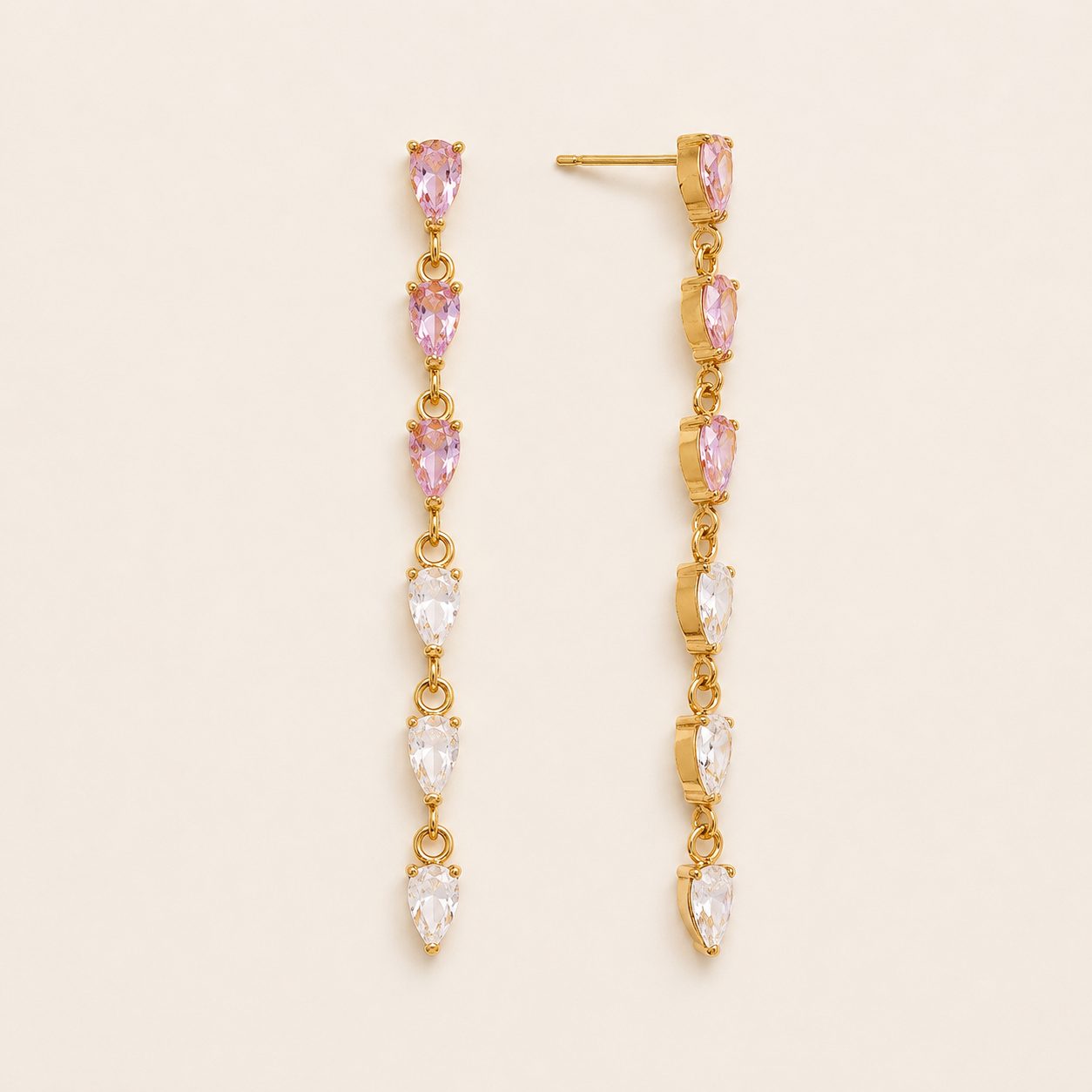 Gold linear drop earring with six graduated pear-cut stones, pink fading into white — Folie à Trois Mistral EARRINGS.