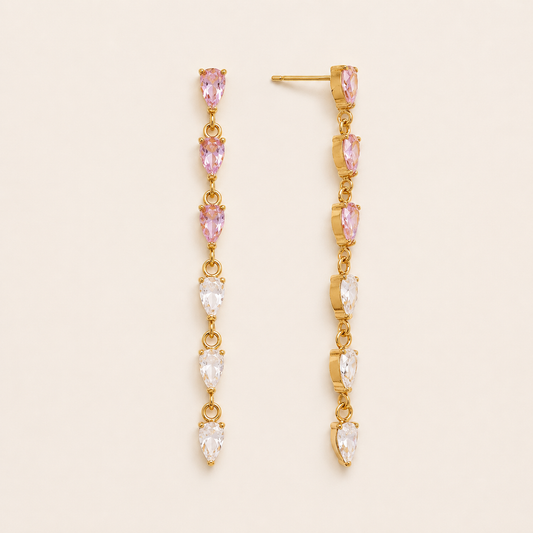 Gold linear drop earring with six graduated pear-cut stones, pink fading into white — Folie à Trois Mistral EARRINGS.