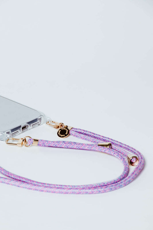 Purple, pink and white herringbone braided Multi Colorful PHONE CORD attached to a clear phone case, close-up on white.
