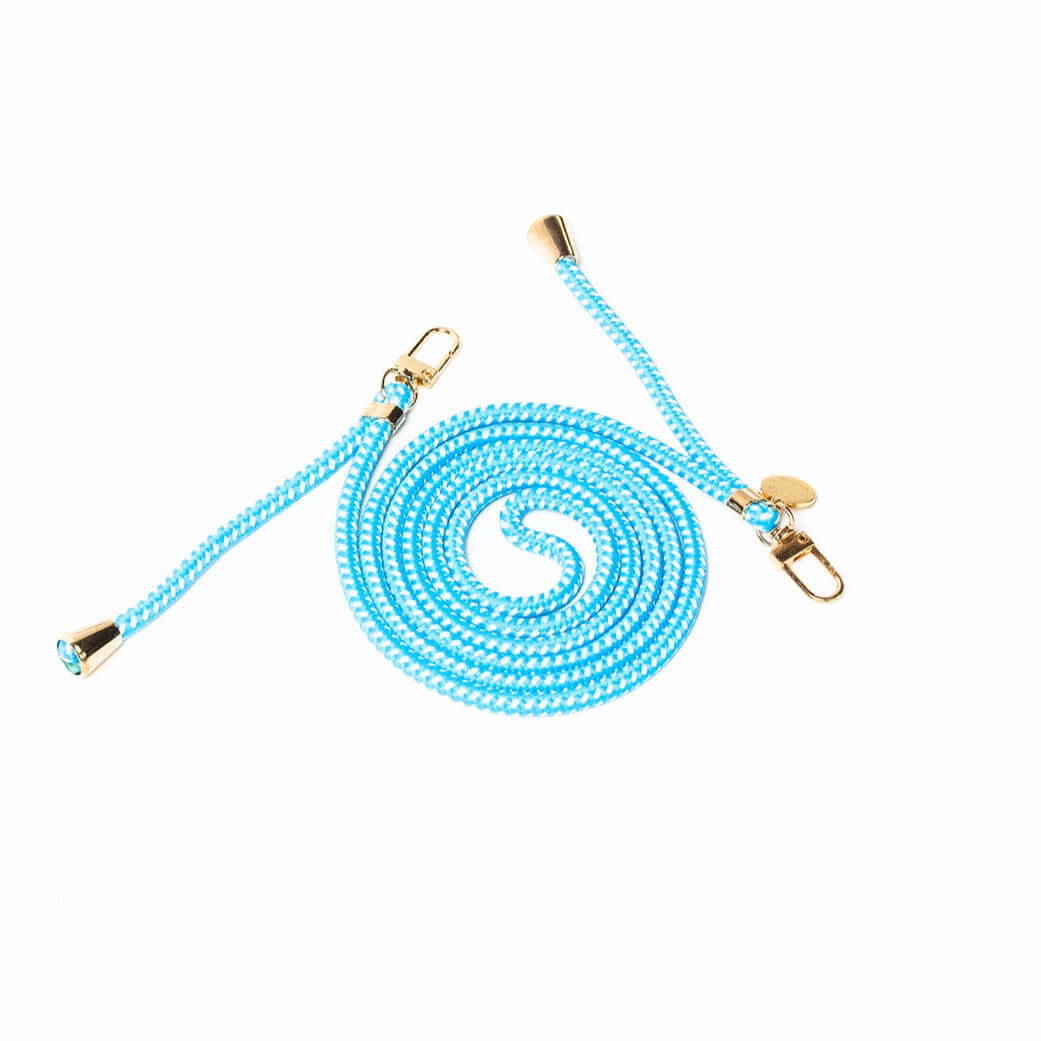 Turquoise and white braided Multi Colorful PHONE CORD coiled with gold-tone cone ends on a white background.