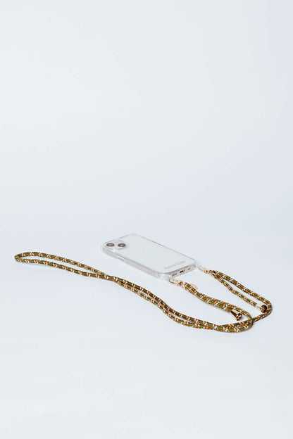 Olive and gold woven Multi Colorful PHONE CORD attached to a clear phone case on a white background.