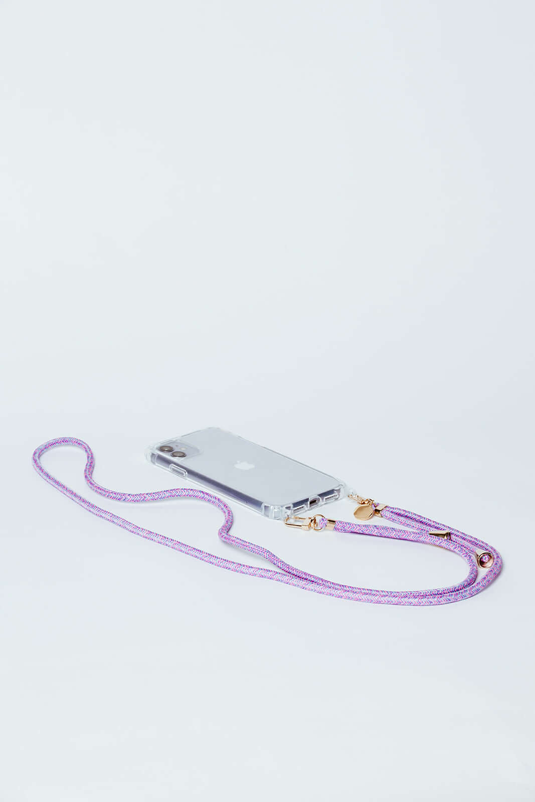 Light purple woven Multi Colorful PHONE CORD attached to a clear phone case on a white background.
