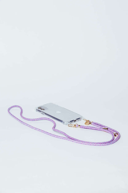 Light purple woven Multi Colorful PHONE CORD attached to a clear phone case on a white background.