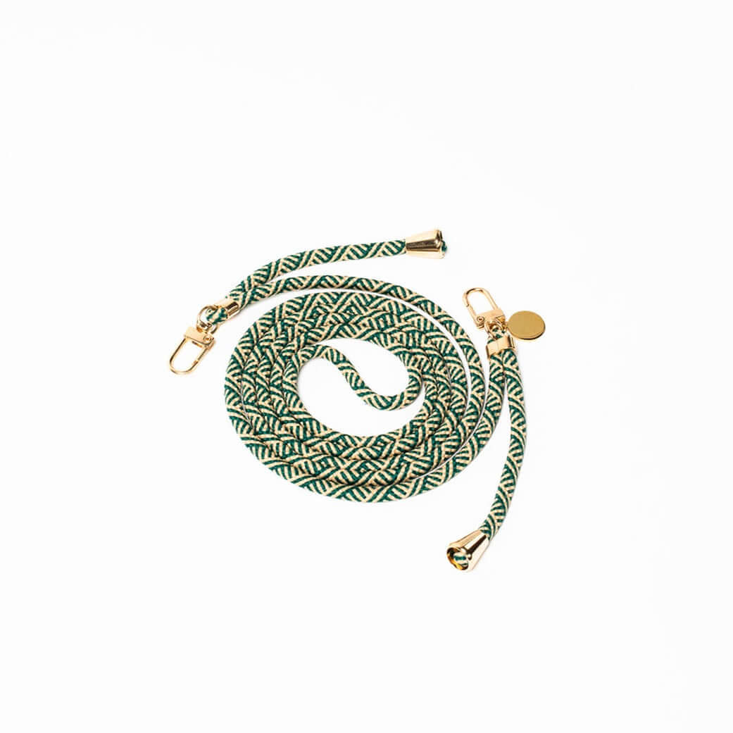 Dark green and cream woven Multi Colorful PHONE CORD coiled with gold-tone hardware on a white background.