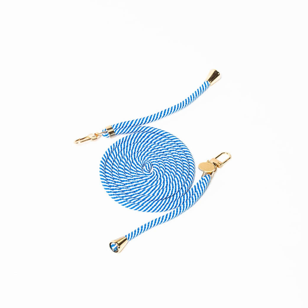 Blue and white striped Multi Colorful PHONE CORD coiled with gold-tone hardware on a white background.
