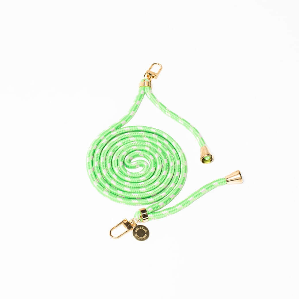 Bright green and white patterned Multi Colorful PHONE CORD coiled with gold-tone hardware on white.
