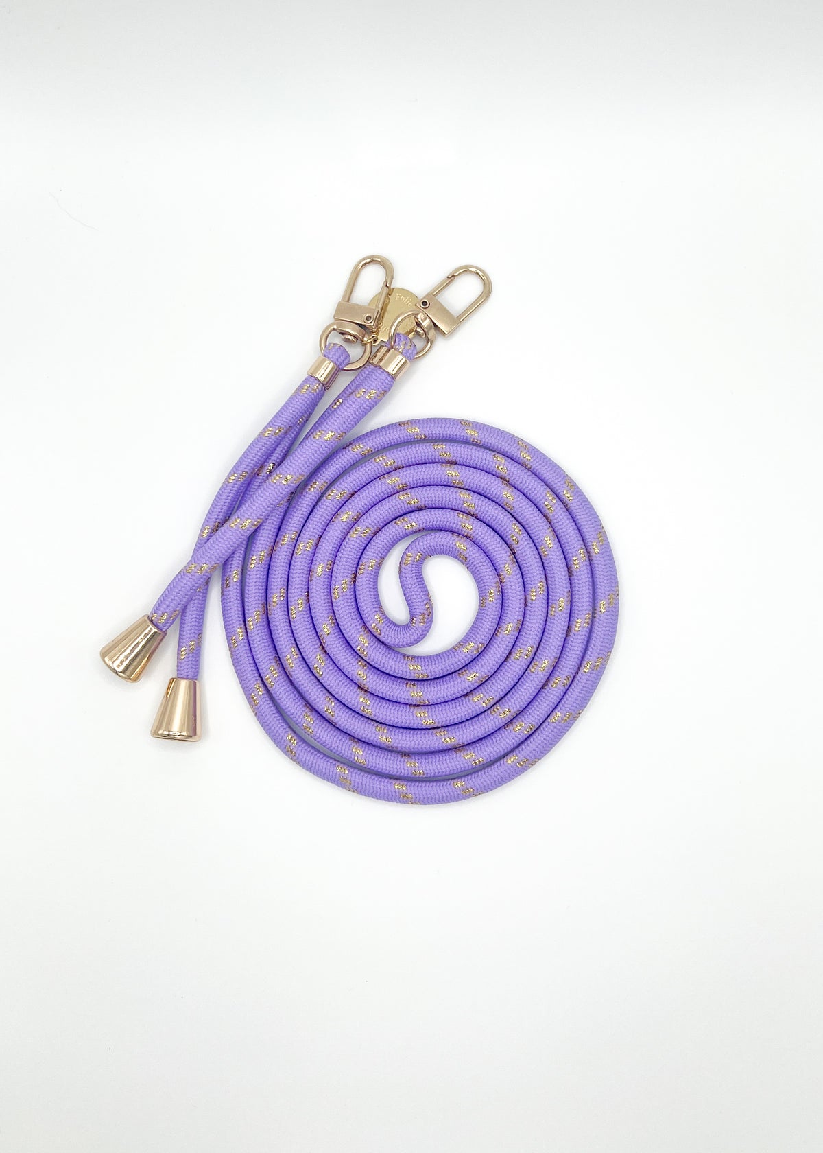 Lavender Multi Colorful PHONE CORD with gold metallic flecks, coiled with gold-tone hardware on white.