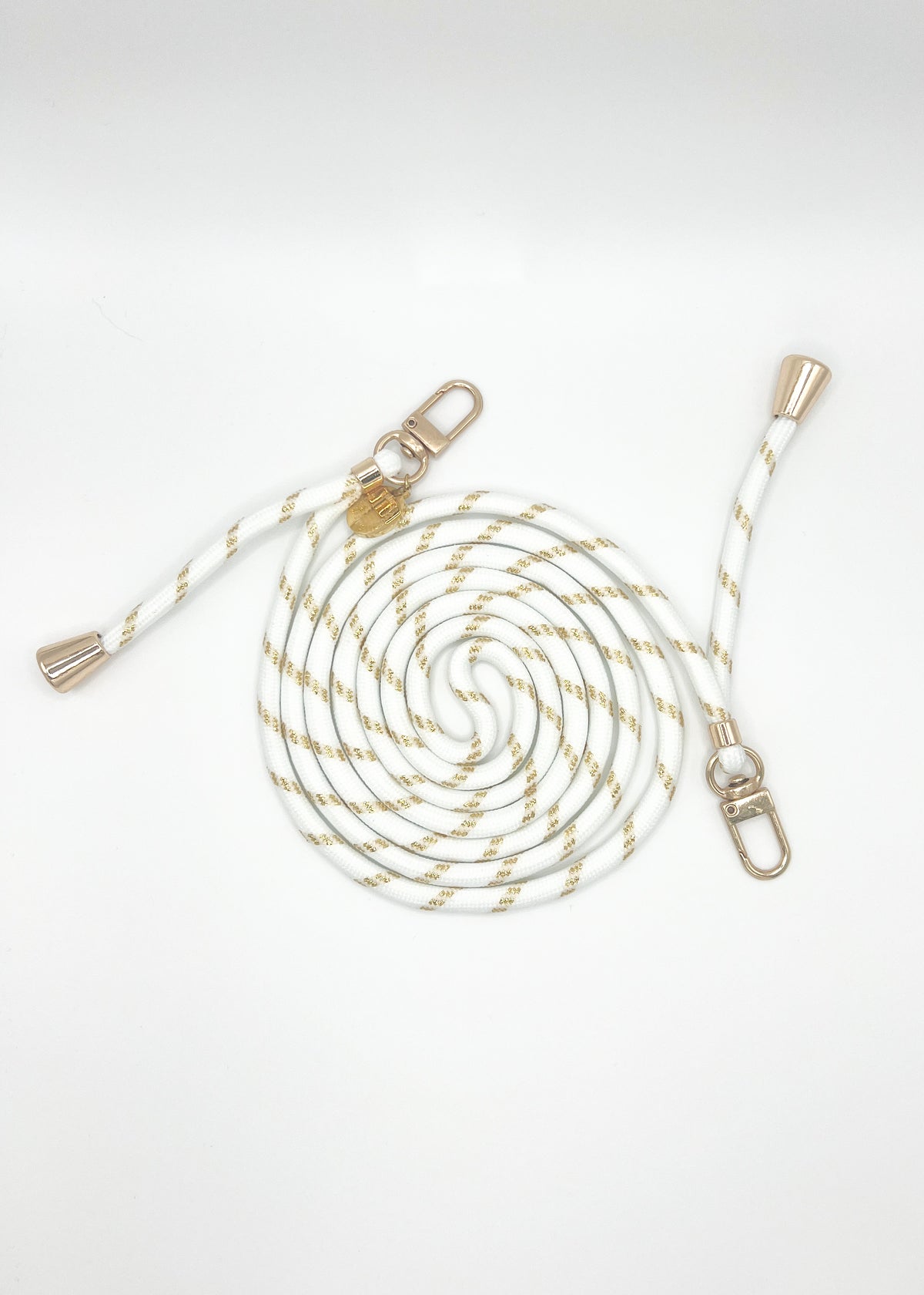 White Multi Colorful PHONE CORD with gold metallic flecks, coiled with silver-tone hardware on white.