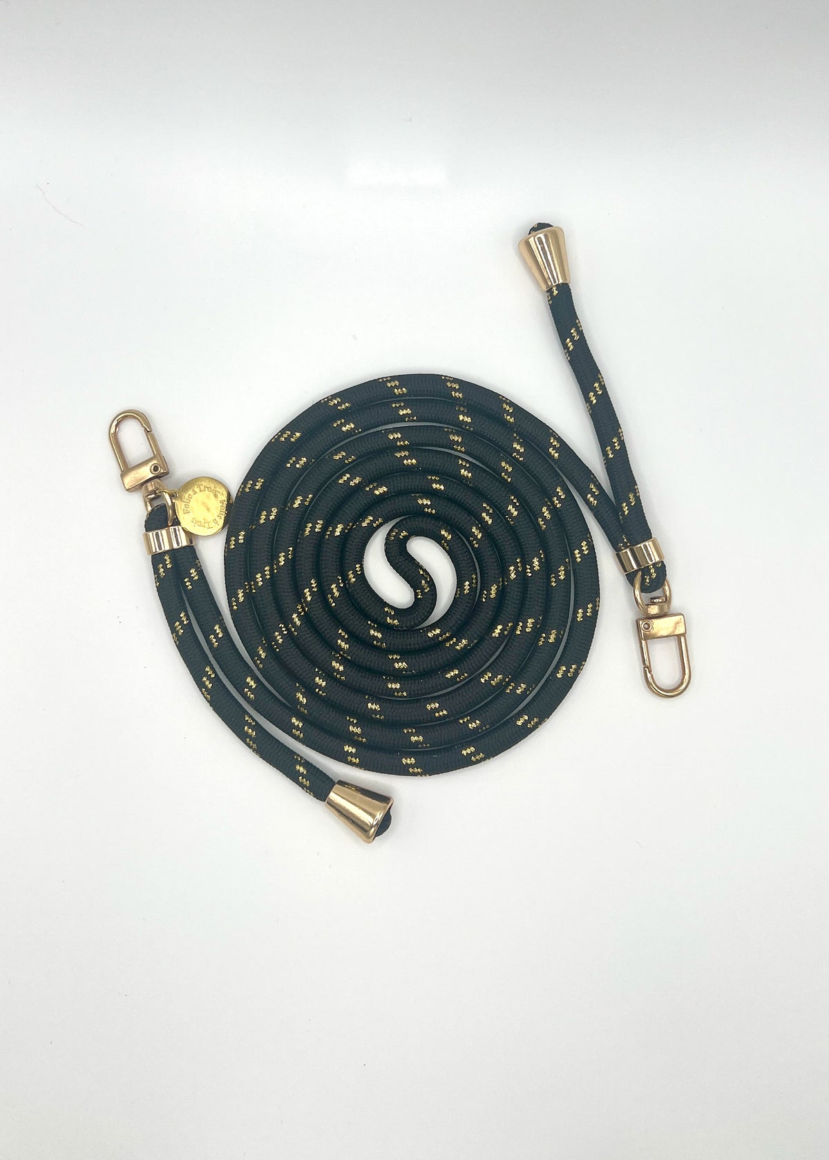 Black Multi Colorful PHONE CORD with gold metallic flecks, coiled with gold-tone hardware on white.
