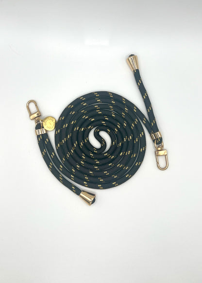 Black Multi Colorful PHONE CORD with gold metallic flecks, coiled with gold-tone hardware on white.